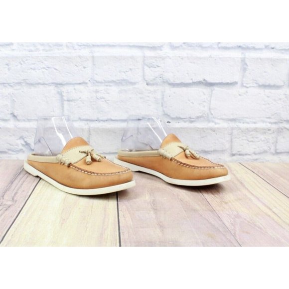 LL Bean Tan Leather Mule Flat Slide Moc Toe Open Back Loafer Size 6 M - Picture 3 of 9